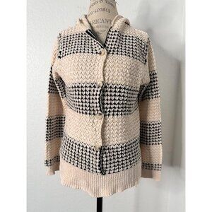 Rain + Rose Hooded Button-Up Knit Cardigan With Black & Cream Chevron Pattern M